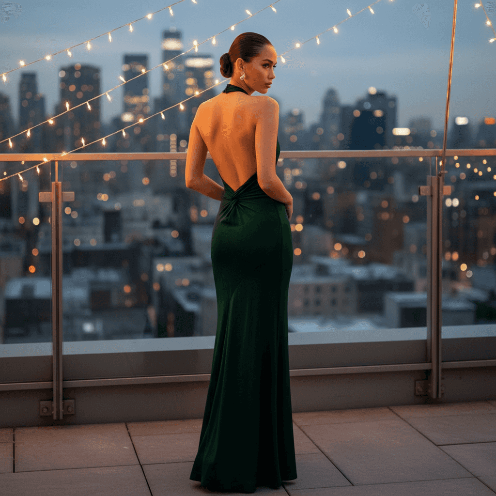 Backless Elegance - Emerald Green Back View