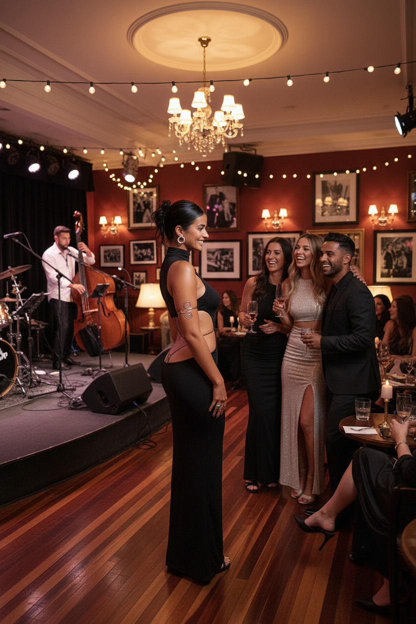 Backless maxi dress side view jazz club