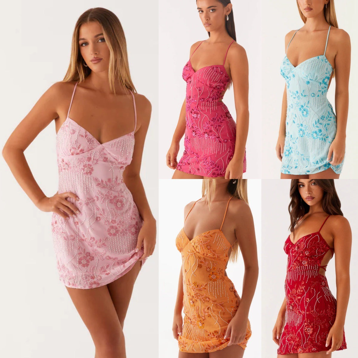 Variety of Backless Sling Mini Dress styles in pink, blue, orange, and red perfect for summer outings