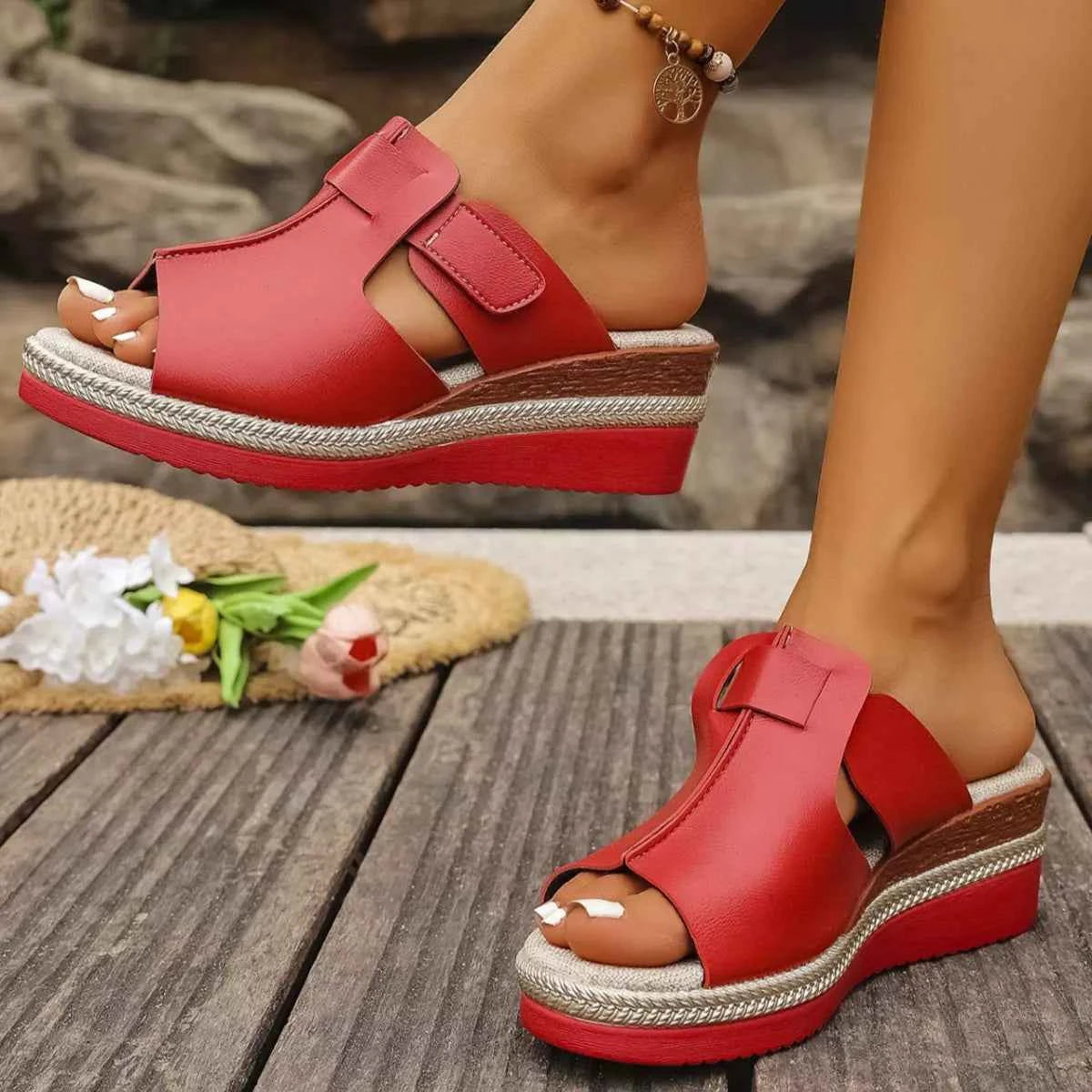 Wedge Platform Sandals - Open Toe Ankle Strap Style