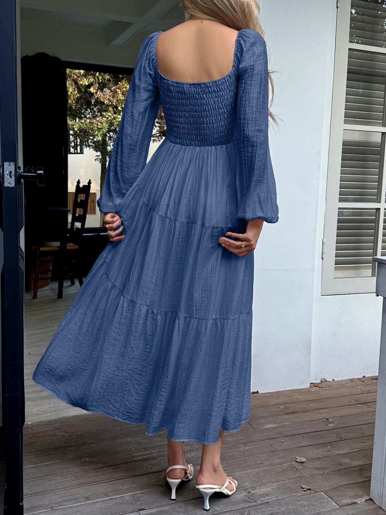 Trendsi Balloon Sleeve Midi Dress in Blue with Smocked Bodice and Flowing Skirt