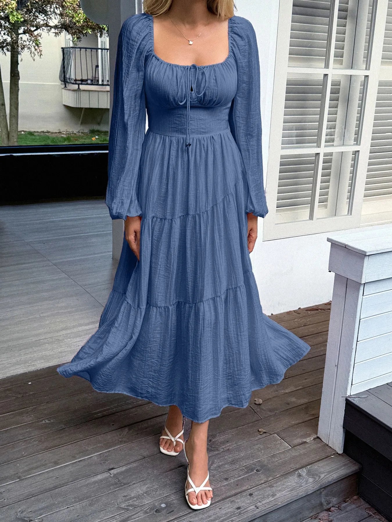 Trendsi Balloon Sleeve Midi Dress in Blue with Tiered Skirt and Delicate Button Details