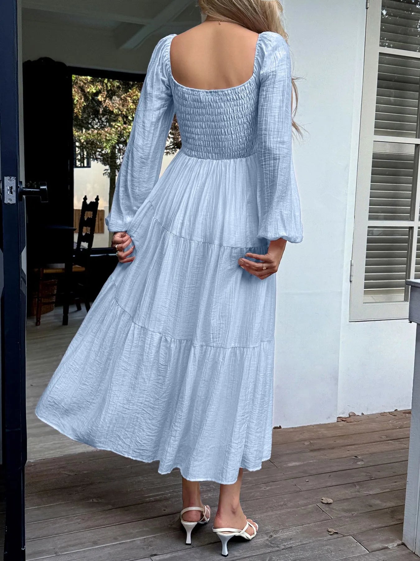 Trendsi Balloon Sleeve Midi Dress in Light Blue with Smocked Bodice and Tiered Skirt