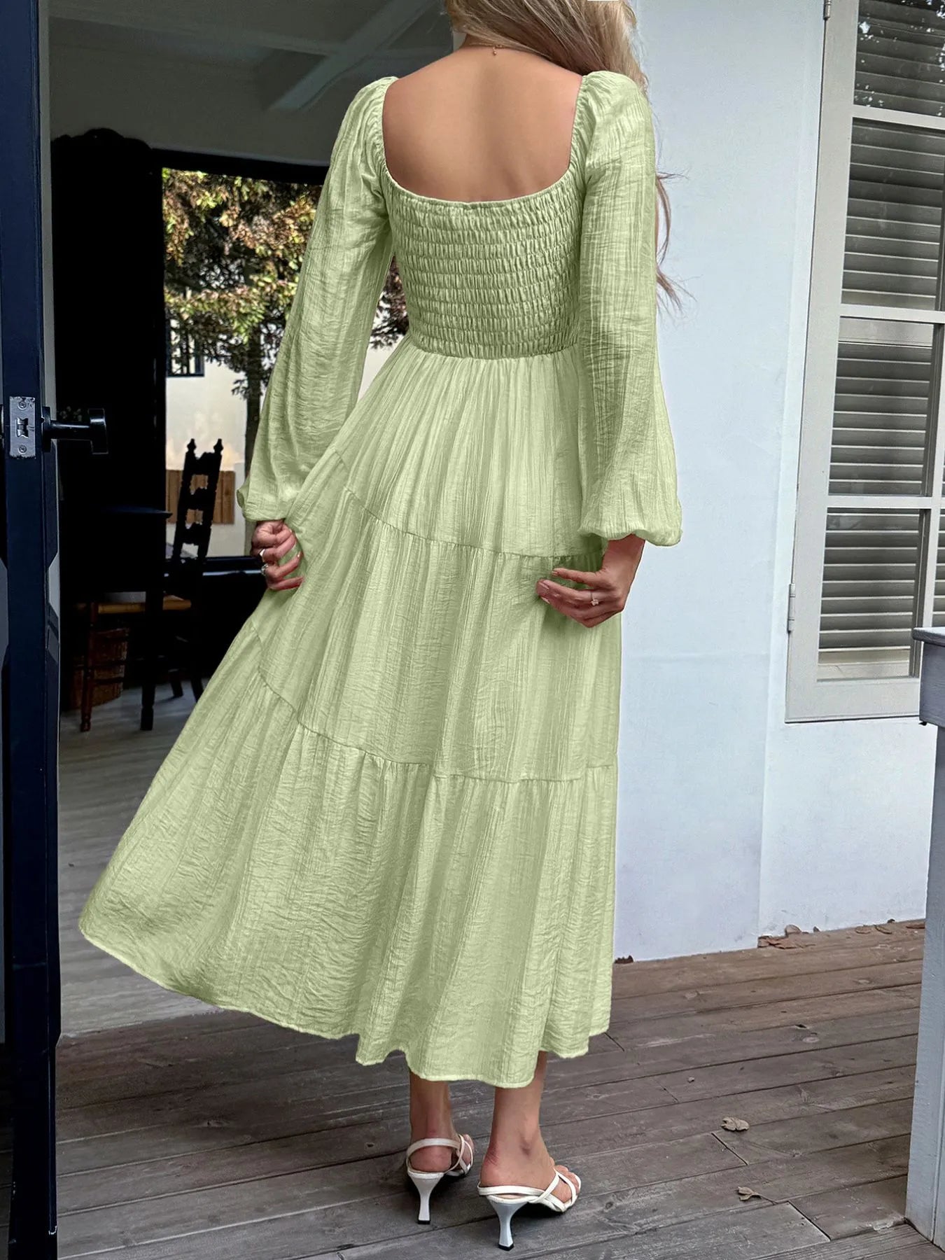 Trendsi Balloon Sleeve Midi Dress in Light Green with a Flowy Design and Tiered Skirt