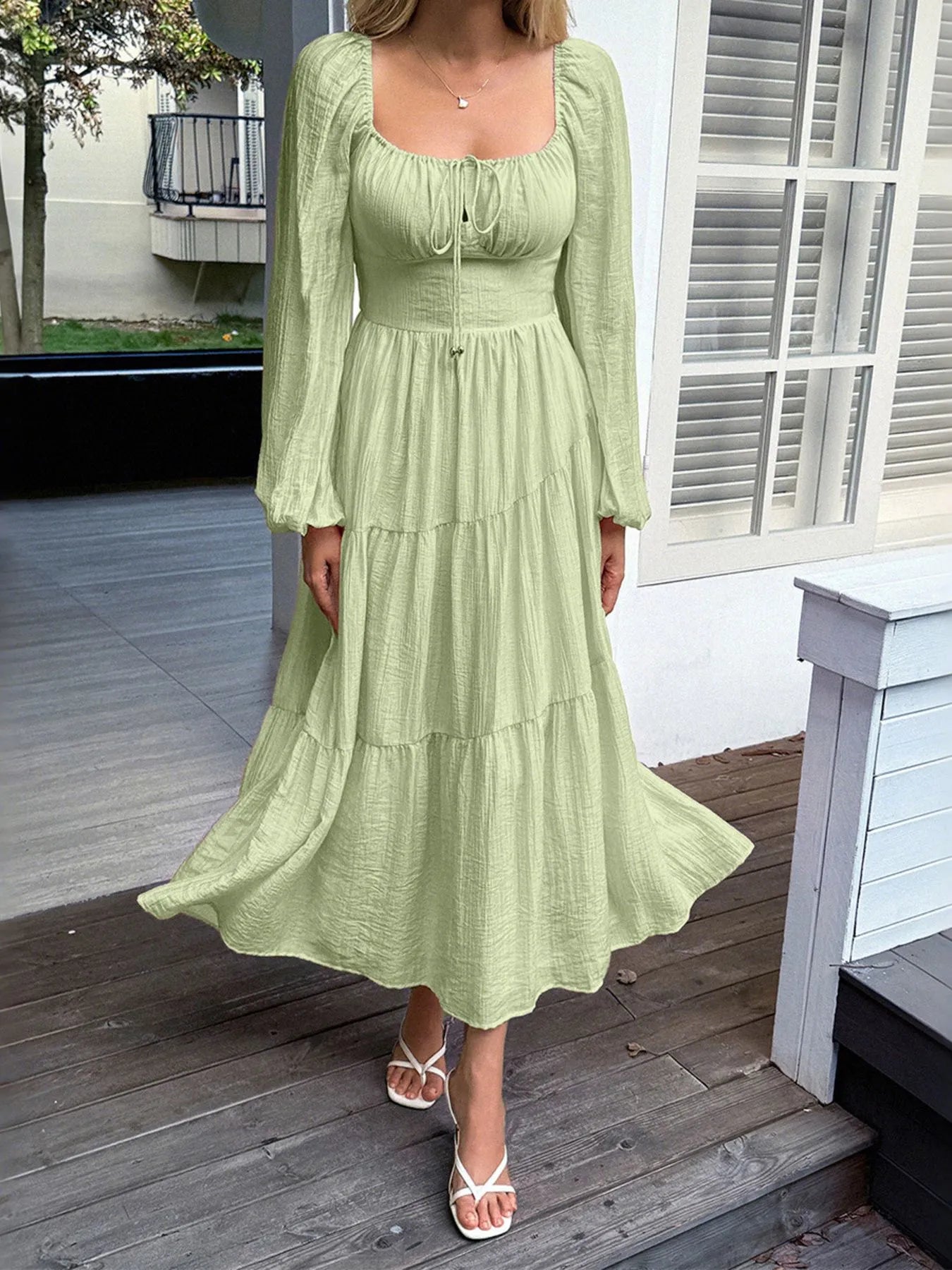 Trendsi Balloon Sleeve Midi Dress in light green featuring a tiered design and comfortable fit