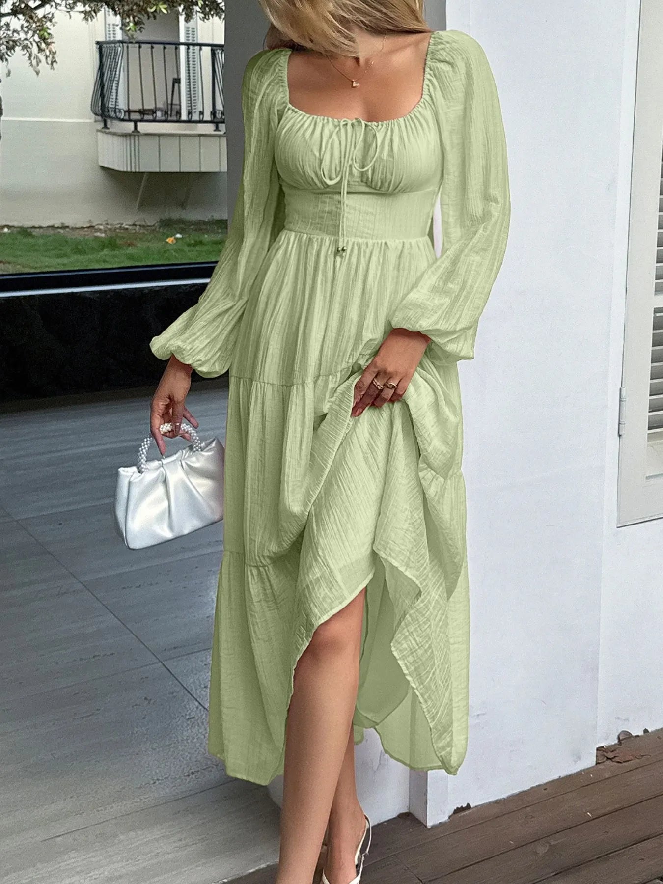 Trendsi Balloon Sleeve Midi Dress in light green with a flowy design and stylish slit