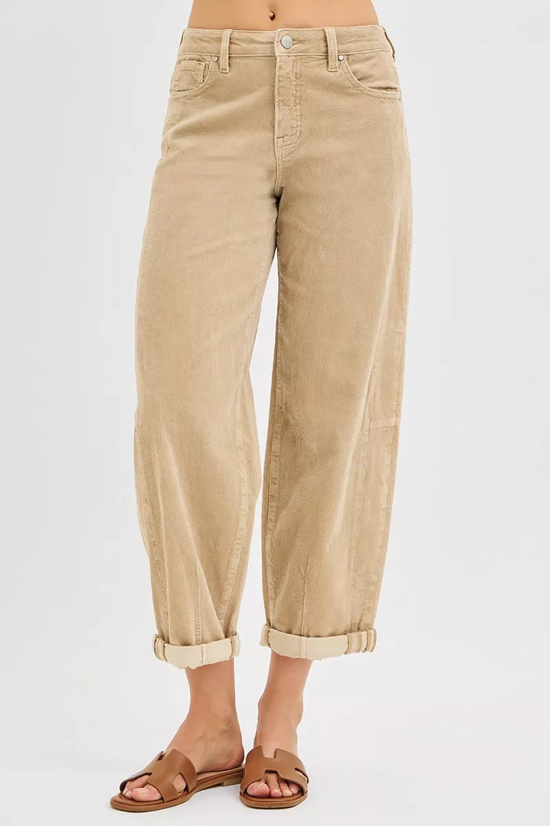 Trendsi Barrel Corduroy Pants in beige with a relaxed fit and rolled cuffs for stylish comfort