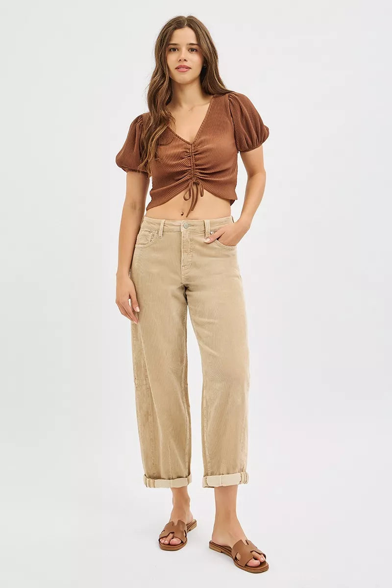 Trendsi Barrel Corduroy Pants in beige, featuring a relaxed fit and rolled cuffs for a stylish look.