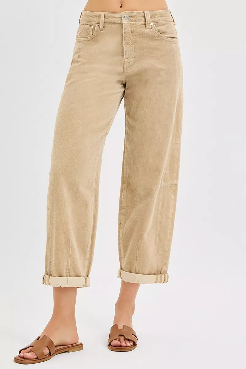 Trendsi Barrel Corduroy Pants in Beige with Rolled Cuffs for a Trendy Casual Look