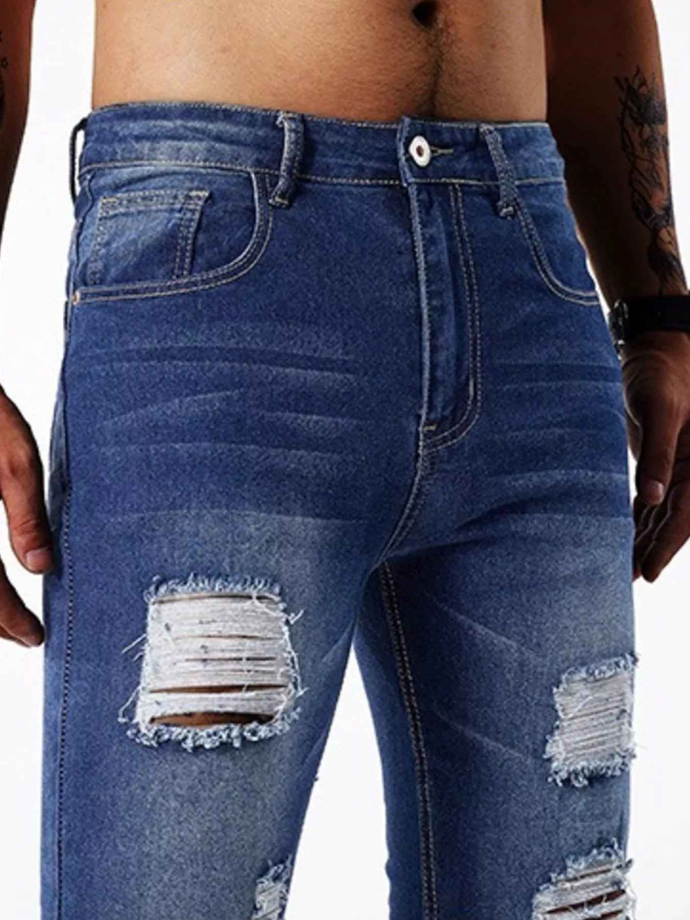 Men's Ripped Slim Fit Jeans - Distressed Stretch Denim - Fashions Envy
