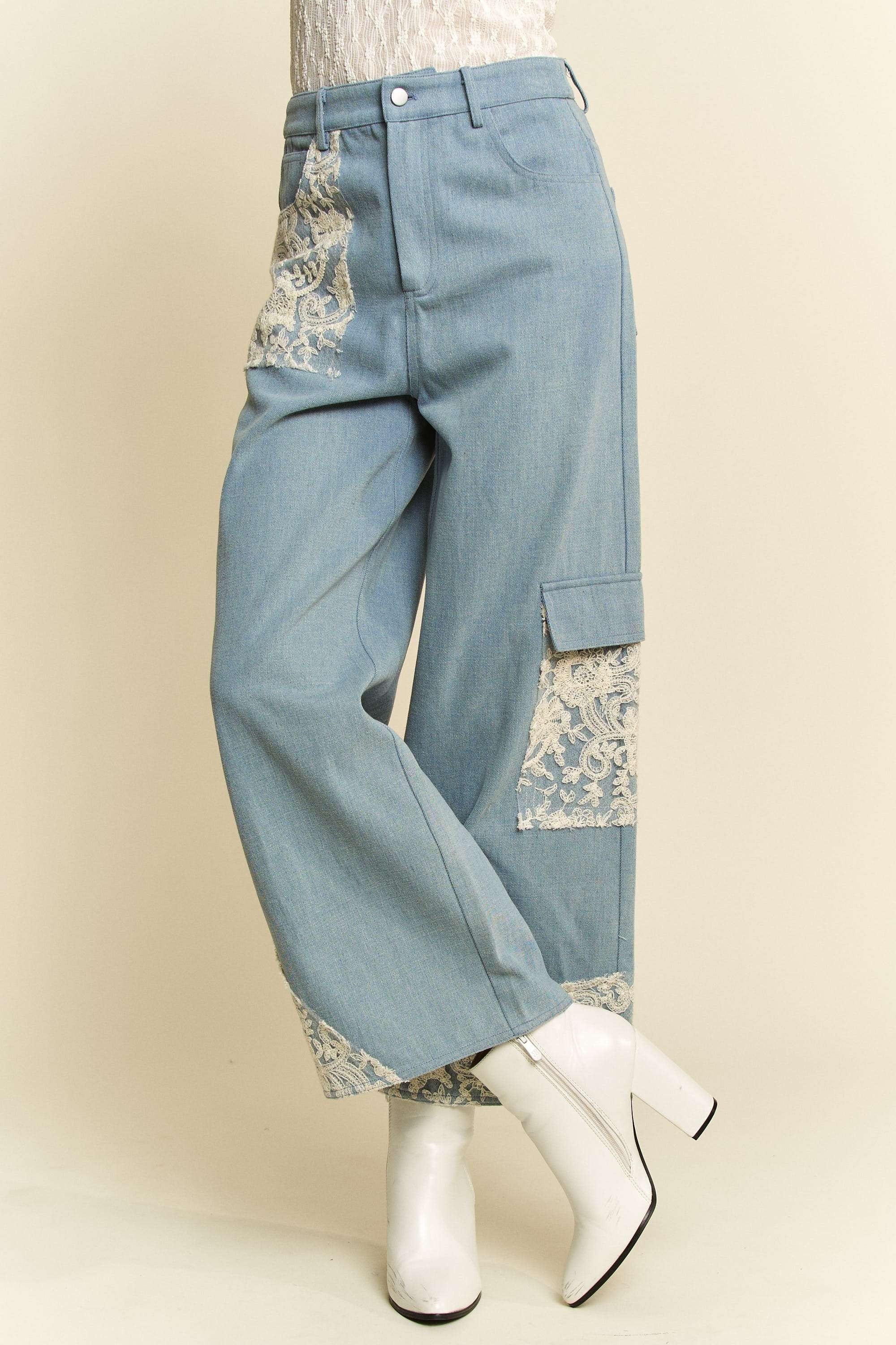 Light Denim Lace Applique Wide Leg Jeans