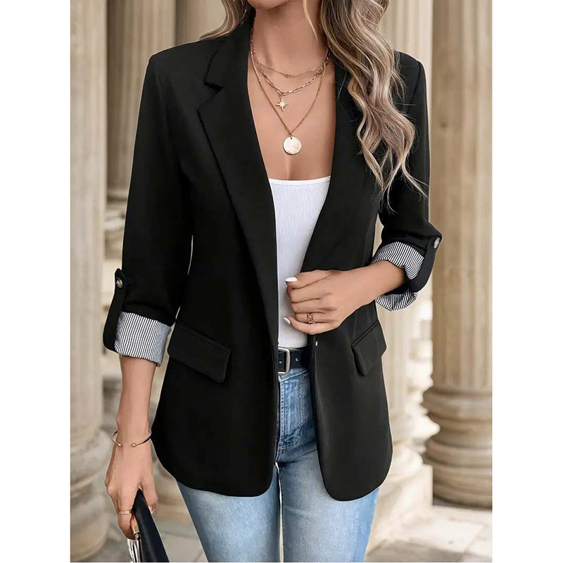 Open Front Blazer - Rolled Sleeve Office Jacket