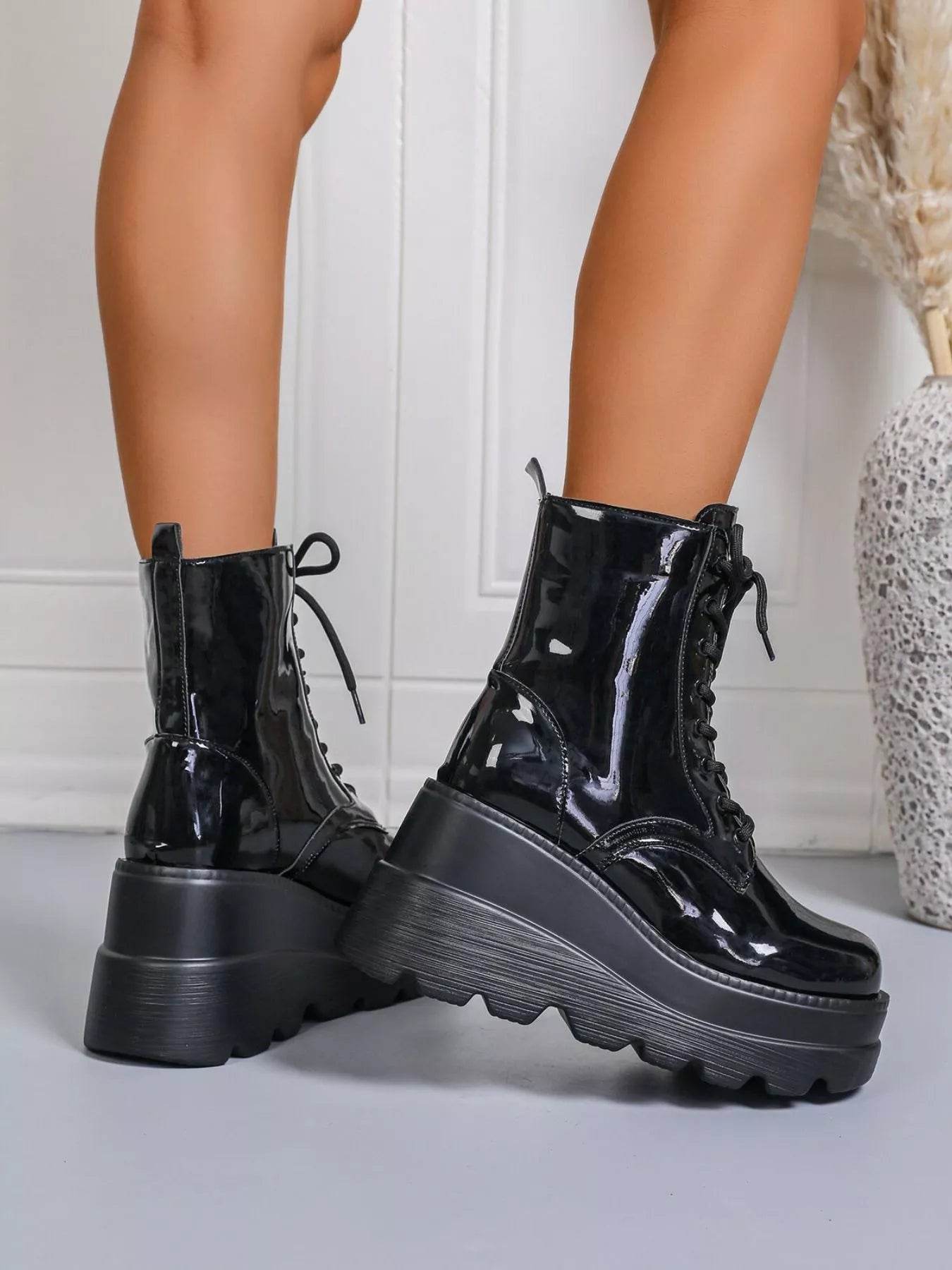 Lace Up Wedge Platform Boots - Low Heel Statement Boots - Fashions Envy