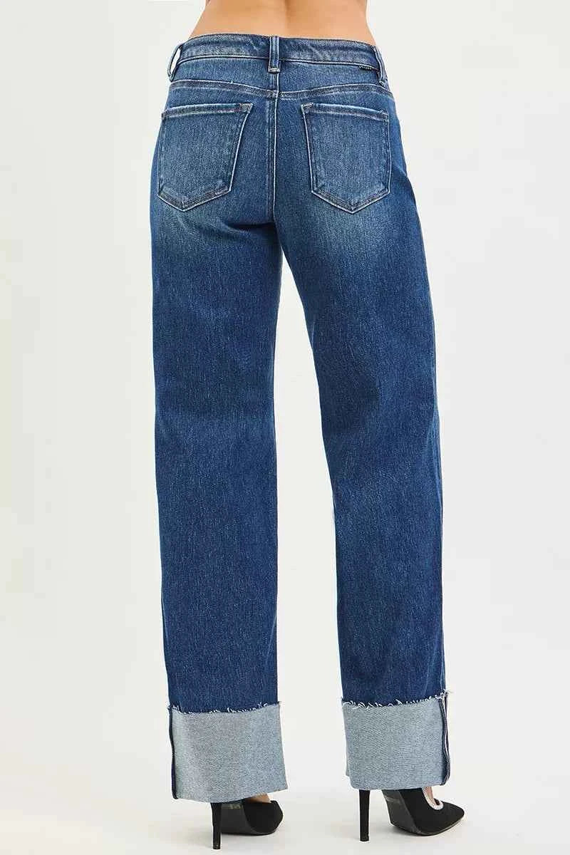 RISEN Wide Straight Jeans - Mid Rise Wide Cuff Detail