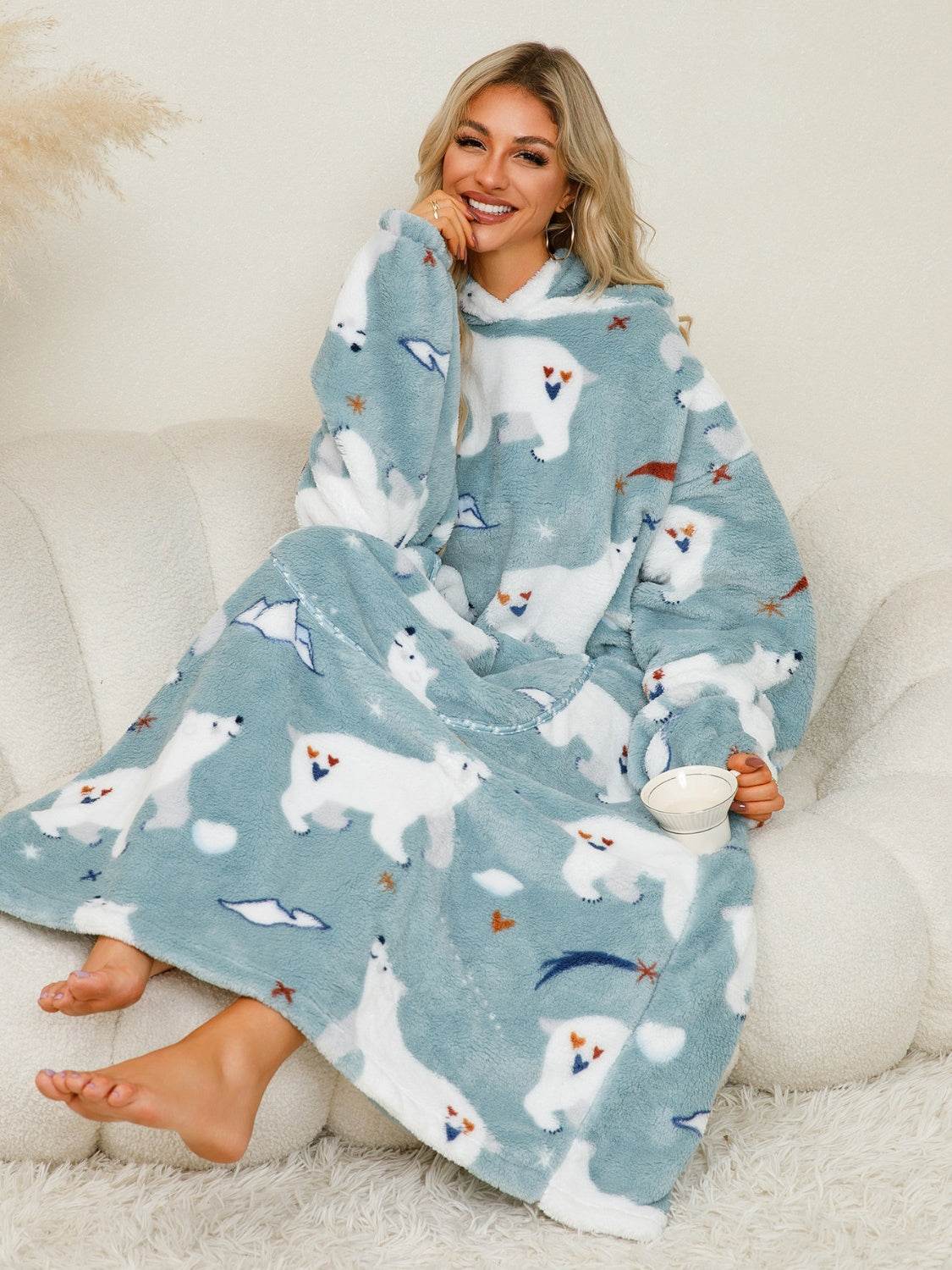 Fuzzy Pocketed Long Sleeve Hooded Lounge Dress - Fashions Envy