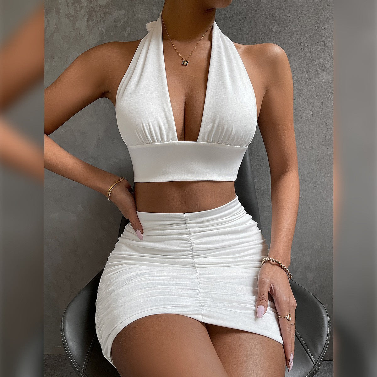 Halter Top & Pleated Skirt Set - Lace-Up Hip Covering Outfit