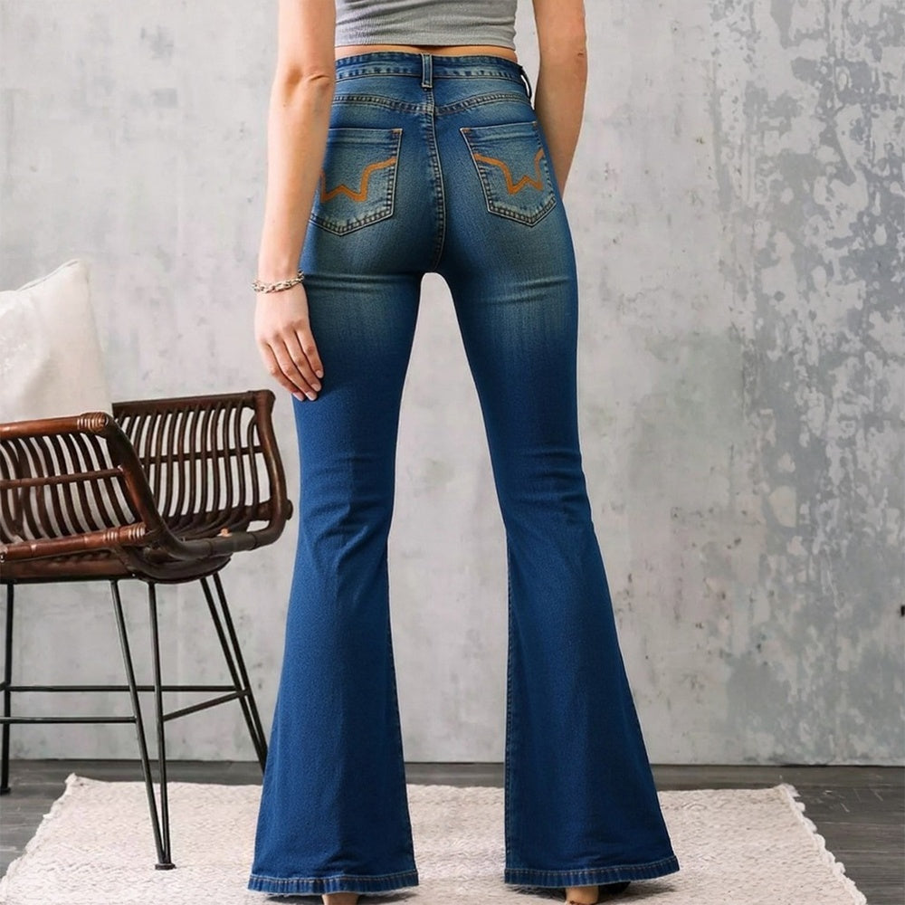 Mid-Waist Wide Leg Embroidered Jeans - Vintage Wash Denim