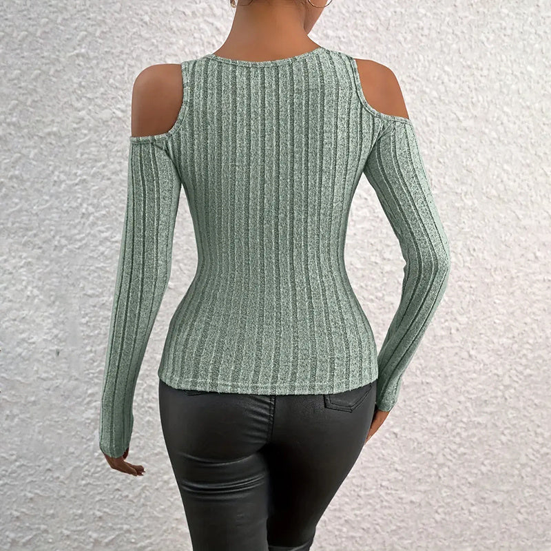 Cold Shoulder Ribbed Top - Cutout Long Sleeve Top