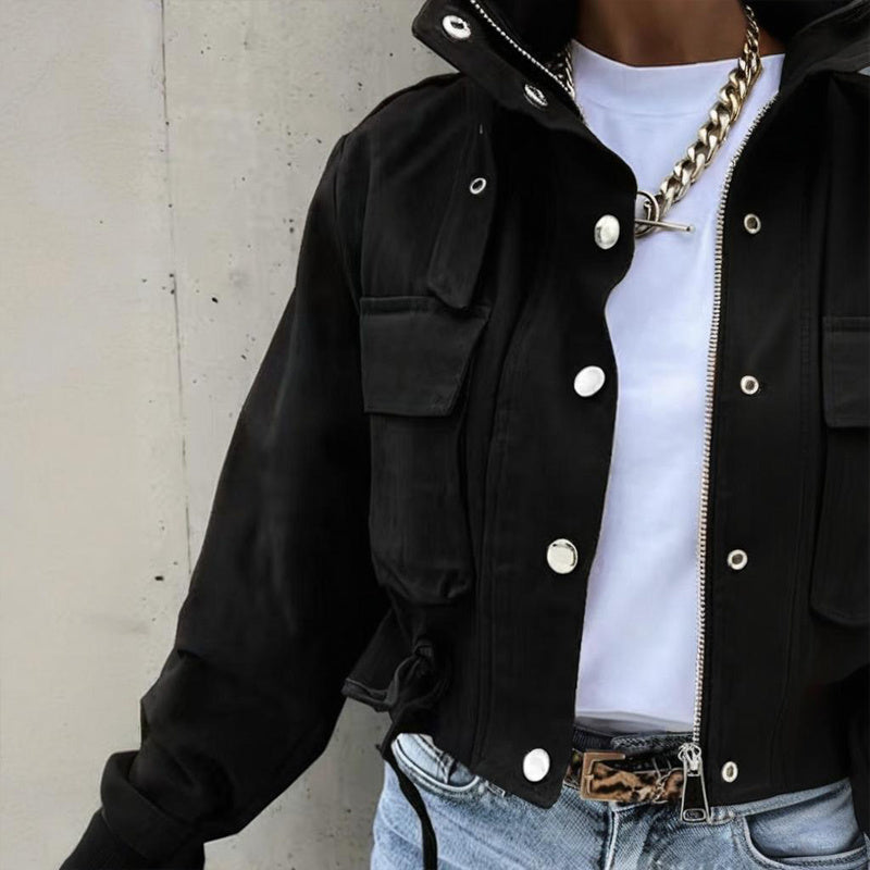 Women's Stand Collar Jacket - Button Zipper Spring Coat - Fashions Envy