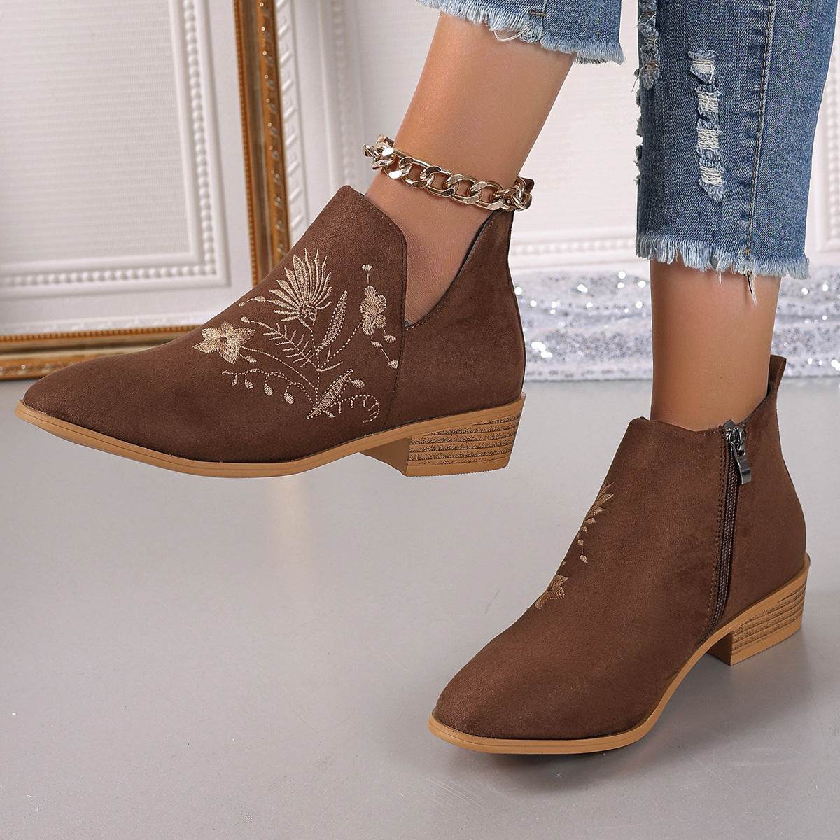Embroidered Suede Point Toe Block Heel Boots - Fashions Envy