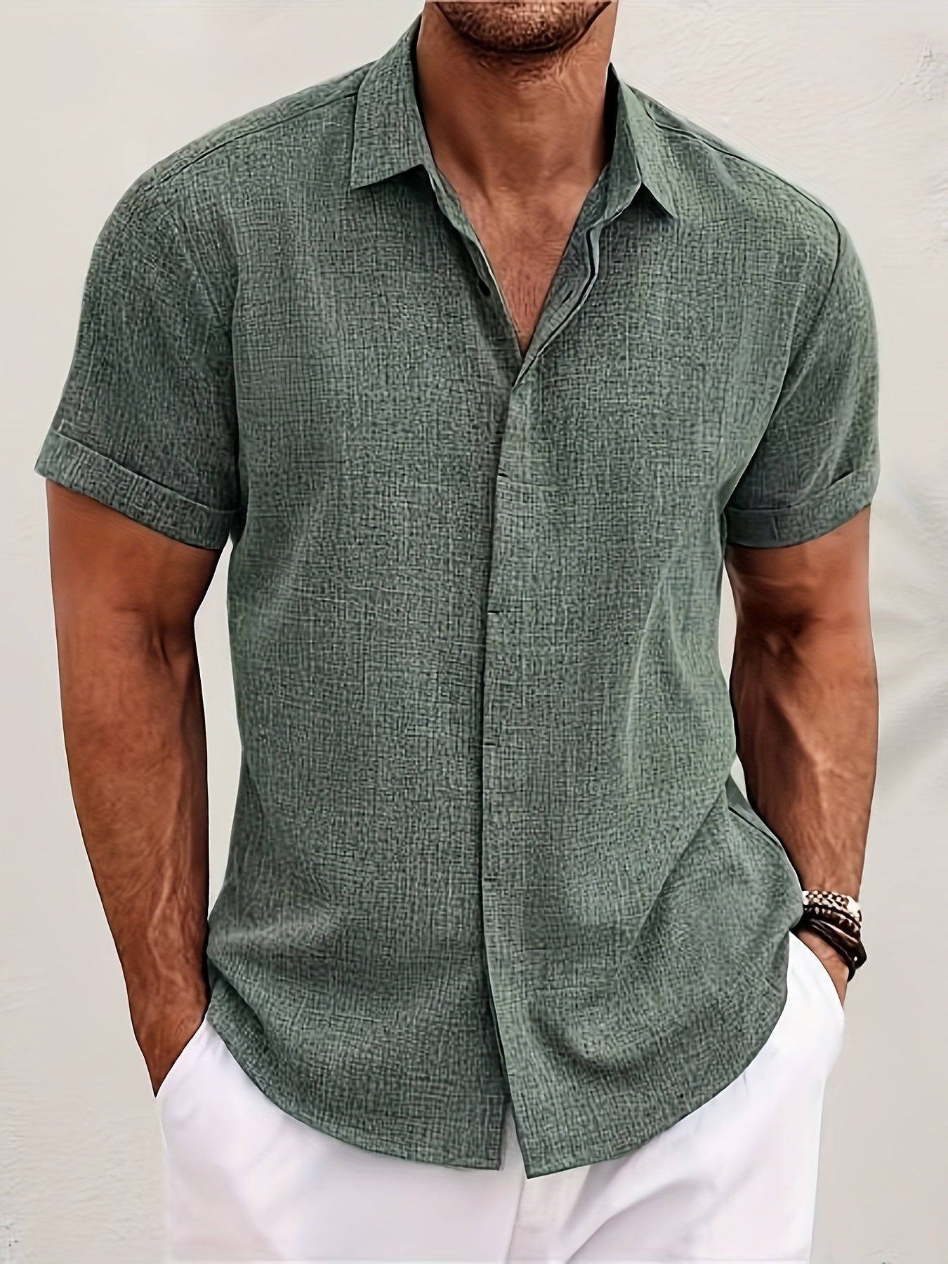 Men's Double Front Hemp Cardigan Short Sleeve High Quality Summer Shirt