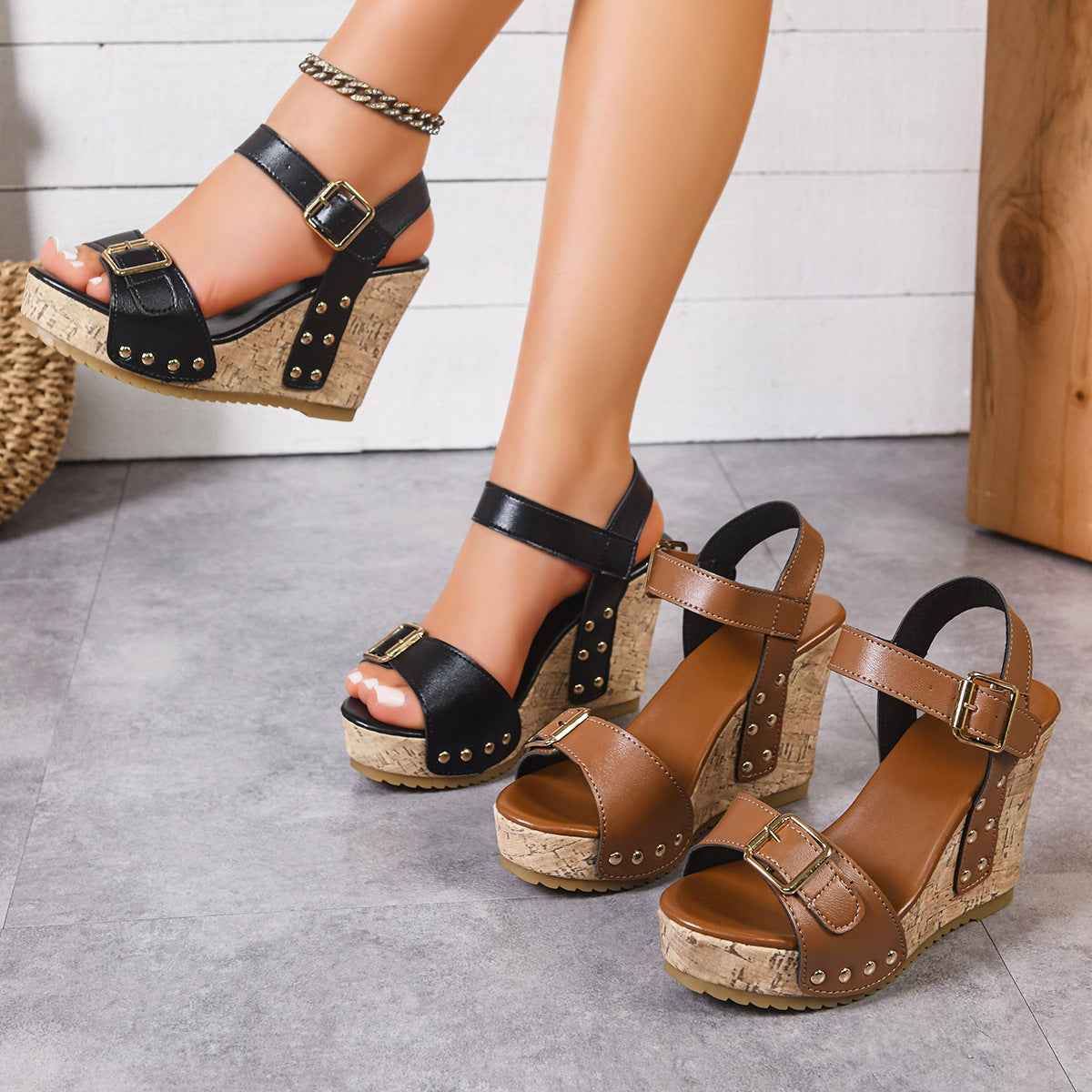 Open Toe Wedge Sandals - Woven Platform Ankle Strap