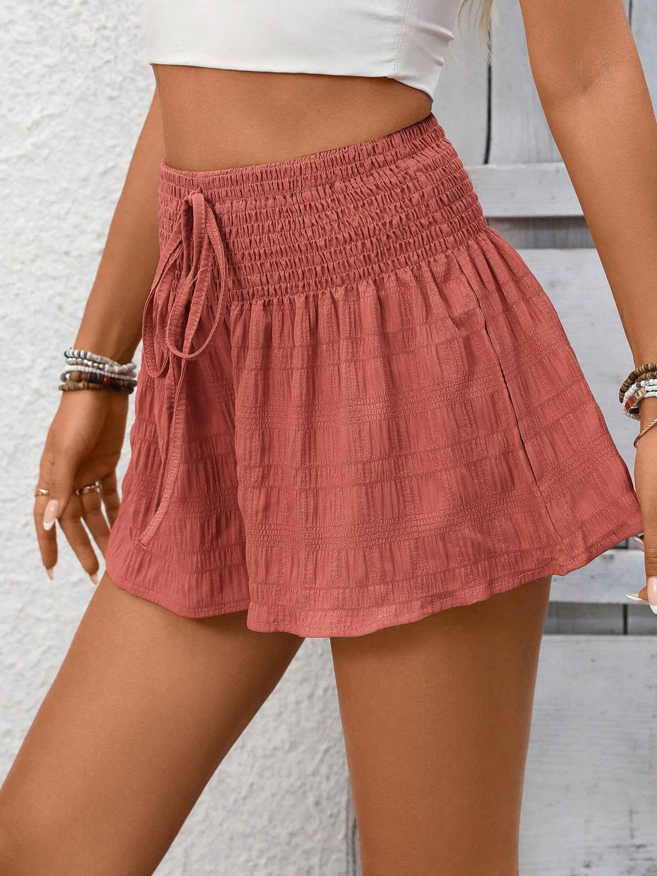 Smocked Waist Shorts - Drawstring Elastic Casual Fit