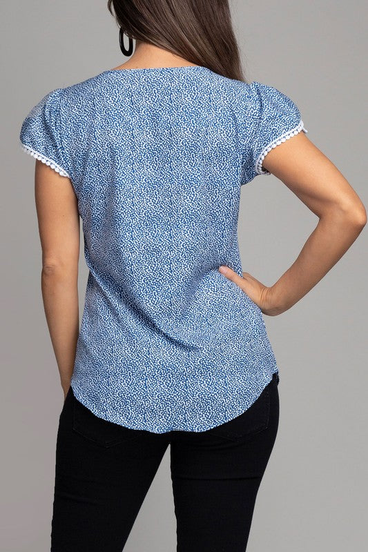 Petal Sleeve Satin Top with Lace Trim