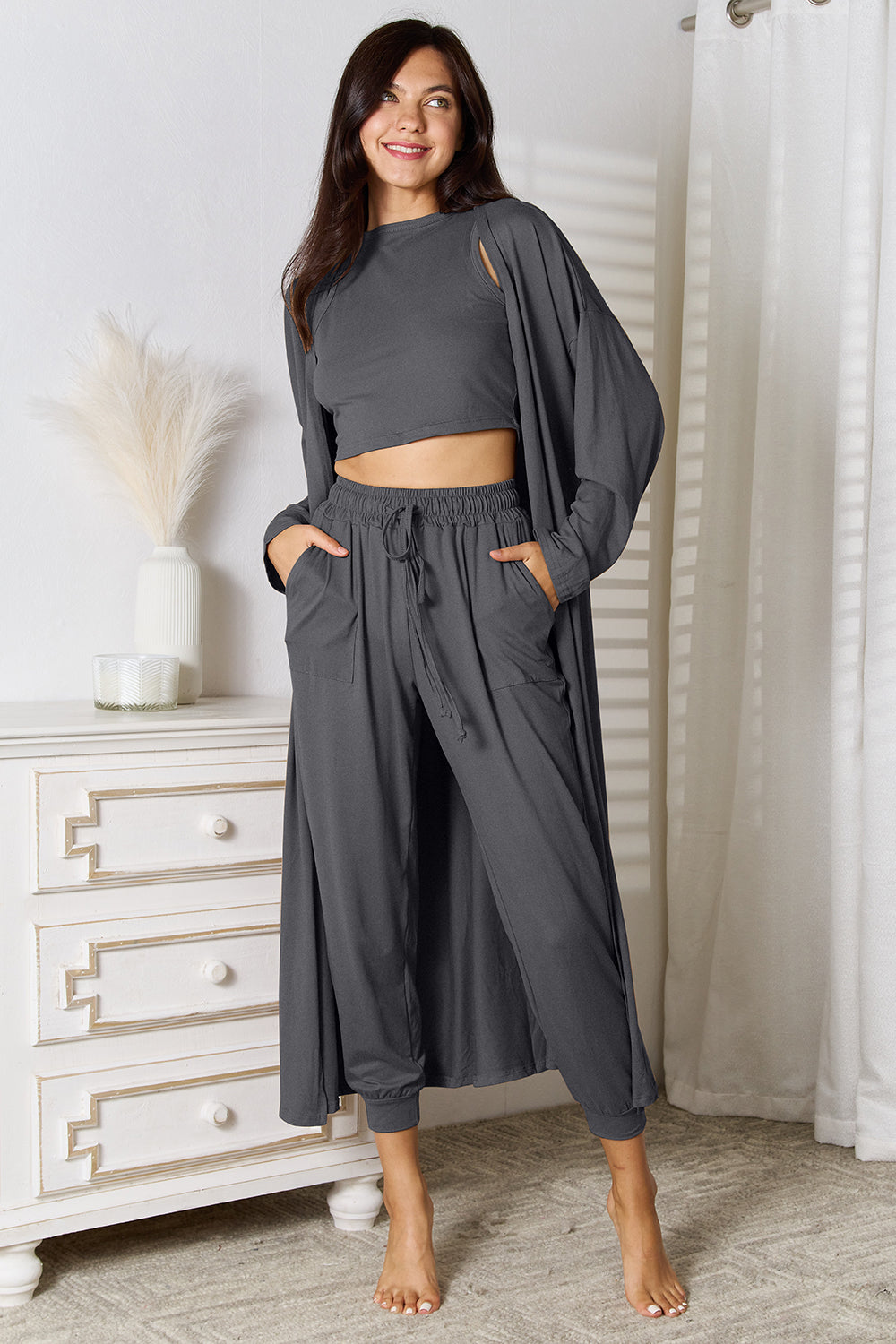 Crop Tank Top & Capri Pants with Long Cardigan Set