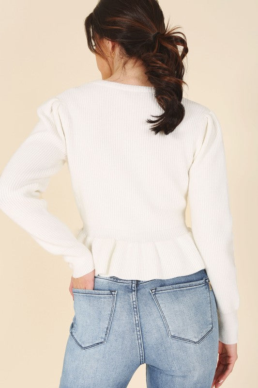 Peplum Round Neck Puff Sleeve Sweater
