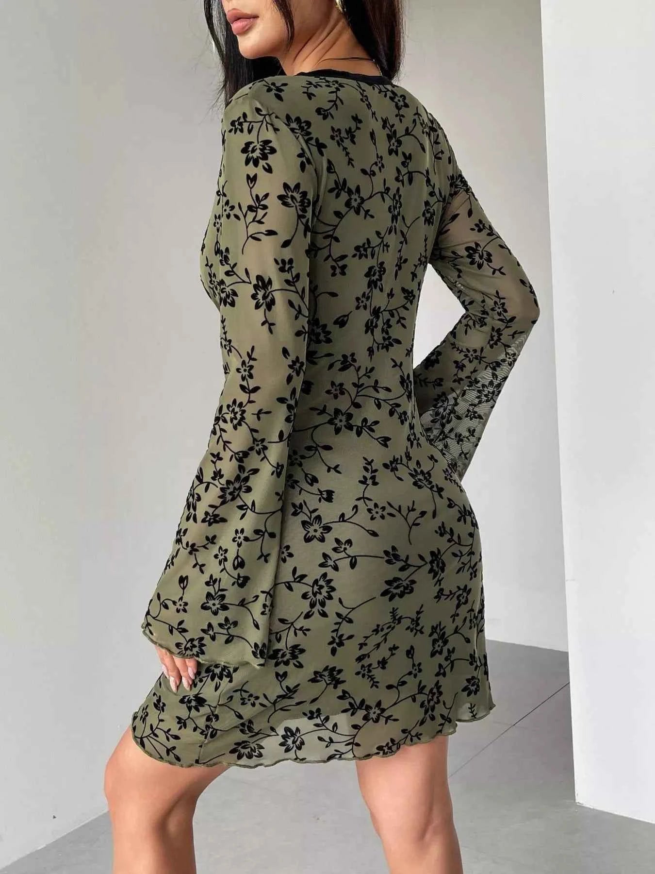 Floral Print Flare Sleeve Mini Dress