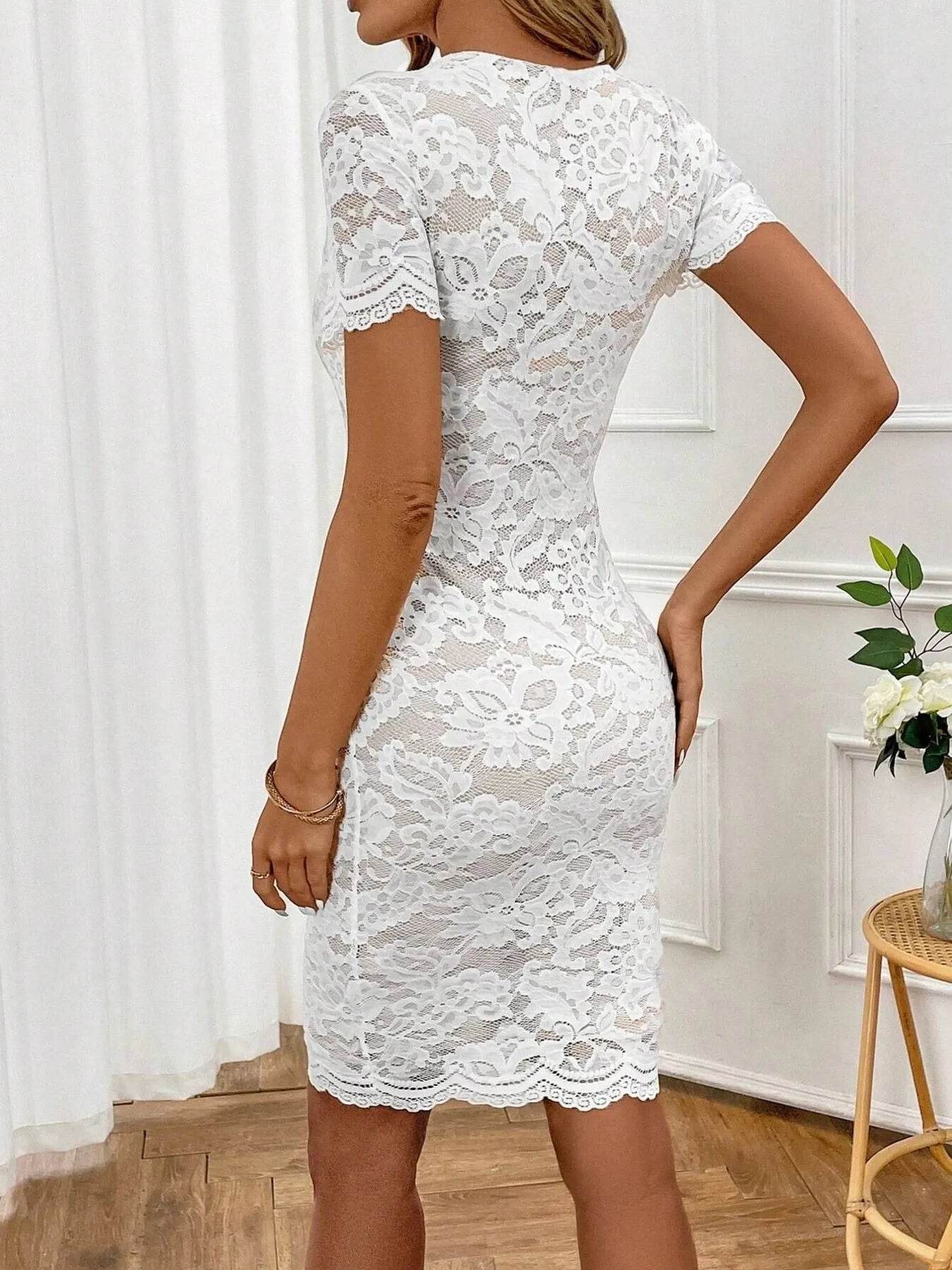 Round Neck Short Sleeve Lace Dress - Elegant Lined Mini Dress - Fashions Envy