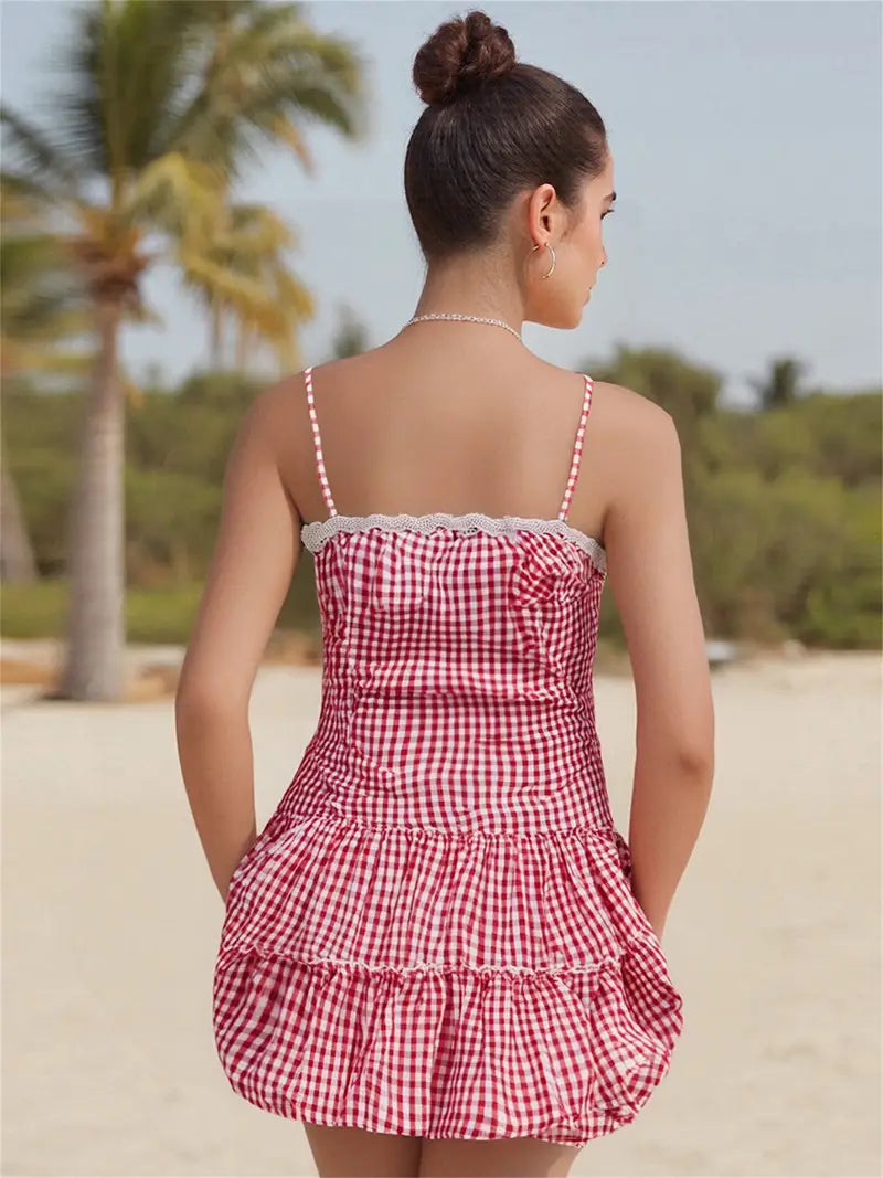 Sleeveless Casual Lace Trim Plaid Print Backless Ruffled Mini Dress - Party Dress for Vacation Beach Streetwear