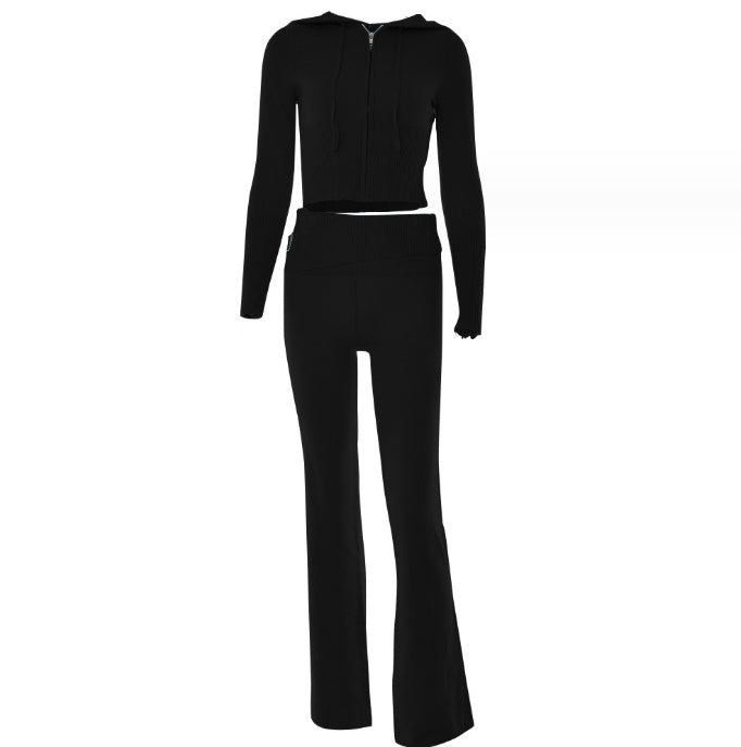 Soft Zip-up Long Sleeve Crop Sweater and Low Waist Pants Set