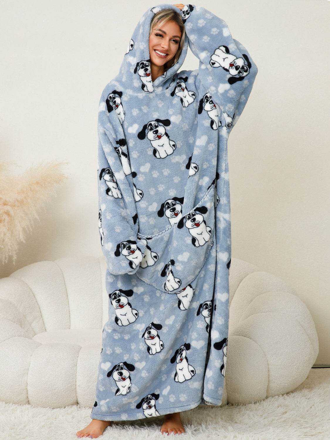 Fuzzy Pocketed Long Sleeve Hooded Lounge Dress - Fashions Envy