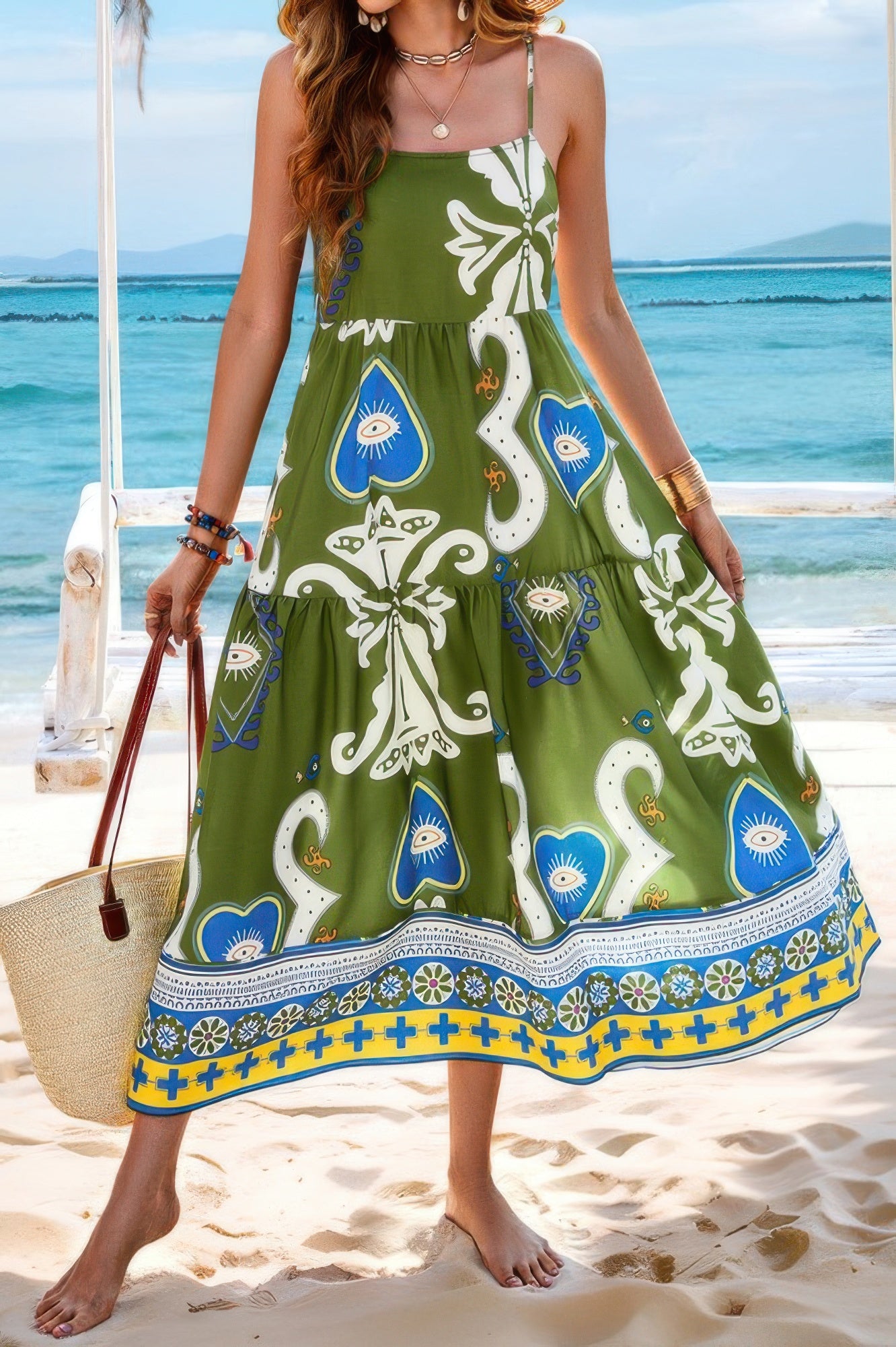 CCWHOLESALECLOTHING Spaghetti Strap Dress green boho maxi with paisley print tiered skirt beach style