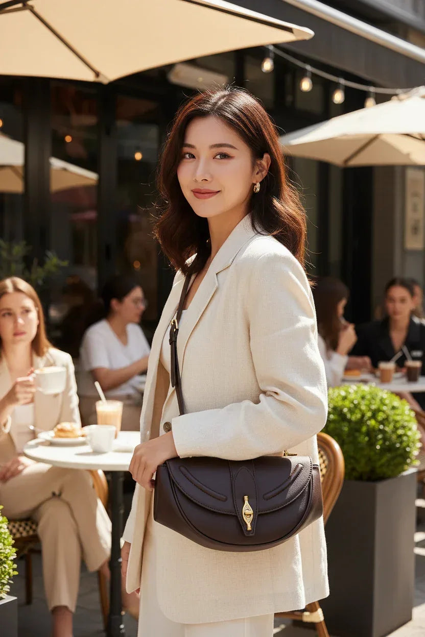 Beautiful Asian model with vintage saddle shoulder bag at outdoor cafe - half body shot