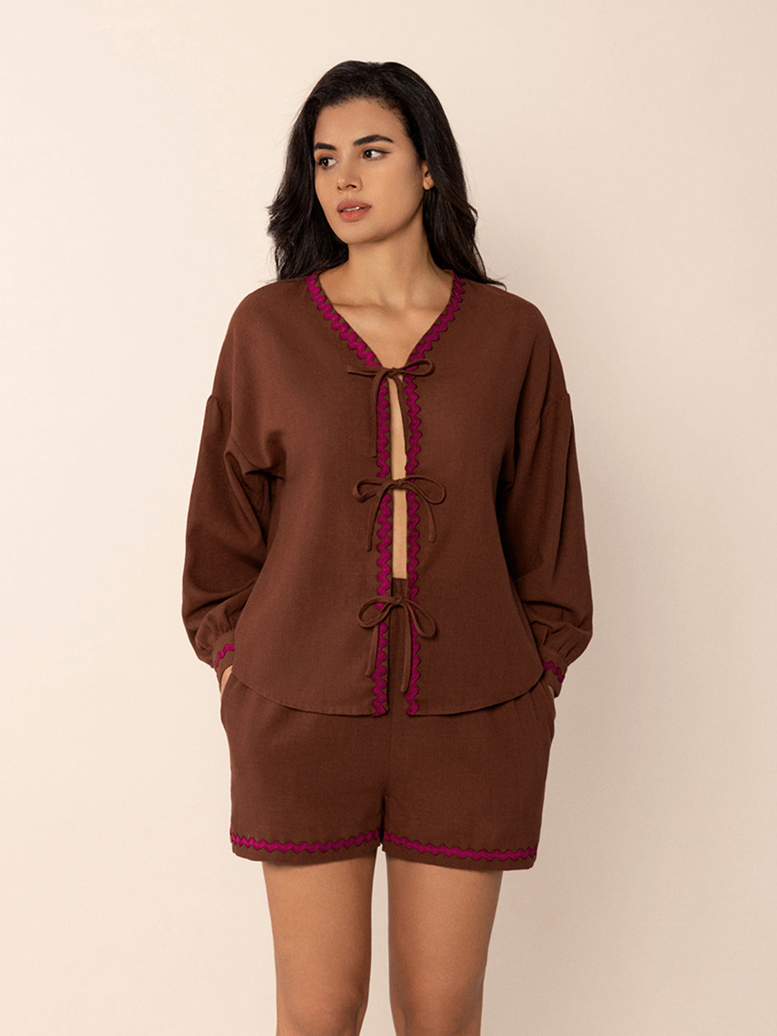 Brown Tied V-Neck Long Sleeve Top and Shorts Set