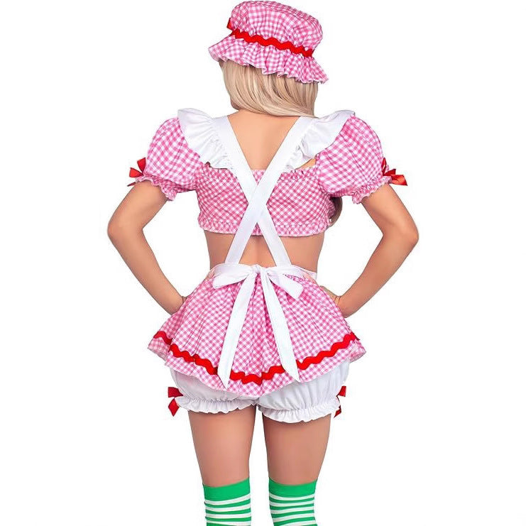 CJ Beer Girl Costume featuring a pink checkered top and a matching hat with ruffled details