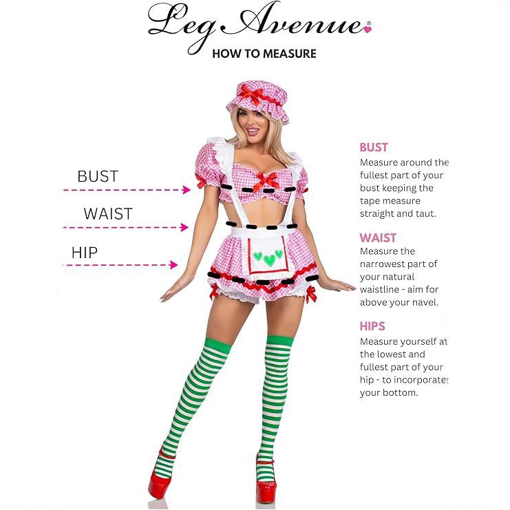 Leg Avenue measurement guide for Beer Girl Costume featuring bust, waist, and hip instructions