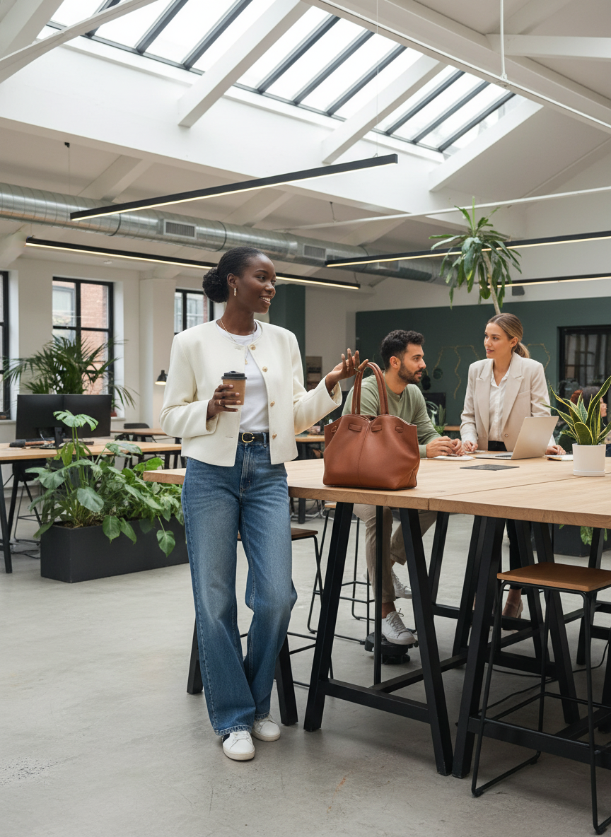 Beige textured jacket coworking space lifestyle