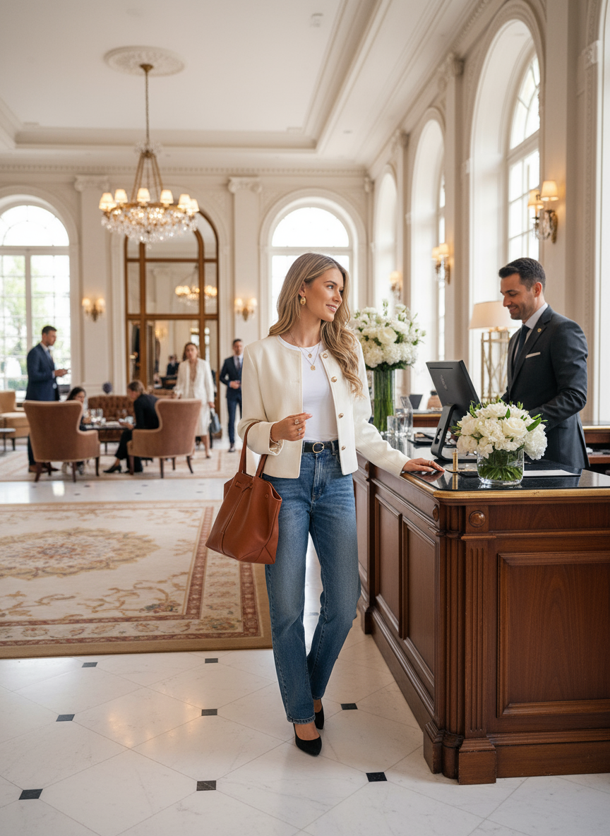 Beige textured jacket hotel lobby lifestyle