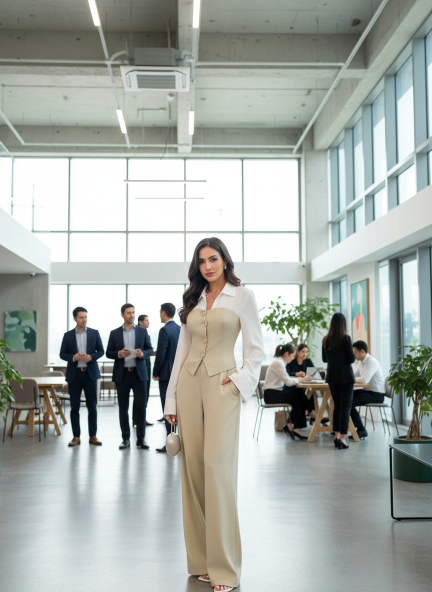 Beige two-tone shirt and wide-leg pants set office professional lifestyle