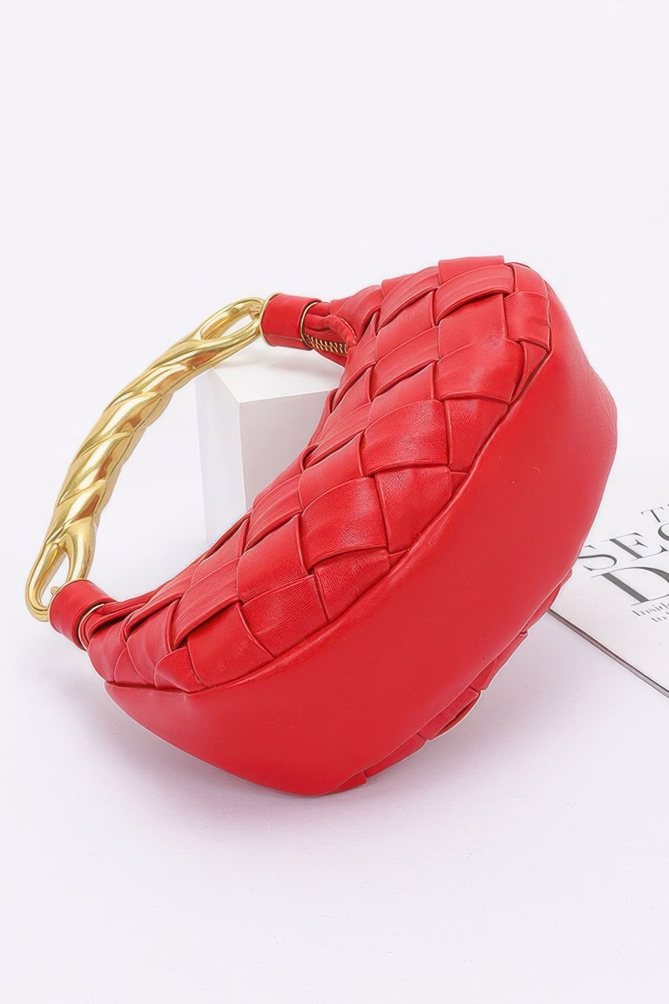 Red woven crescent purse with gold twisted handle faux leather braided handle bag from CCWHOLESALECLOTHING