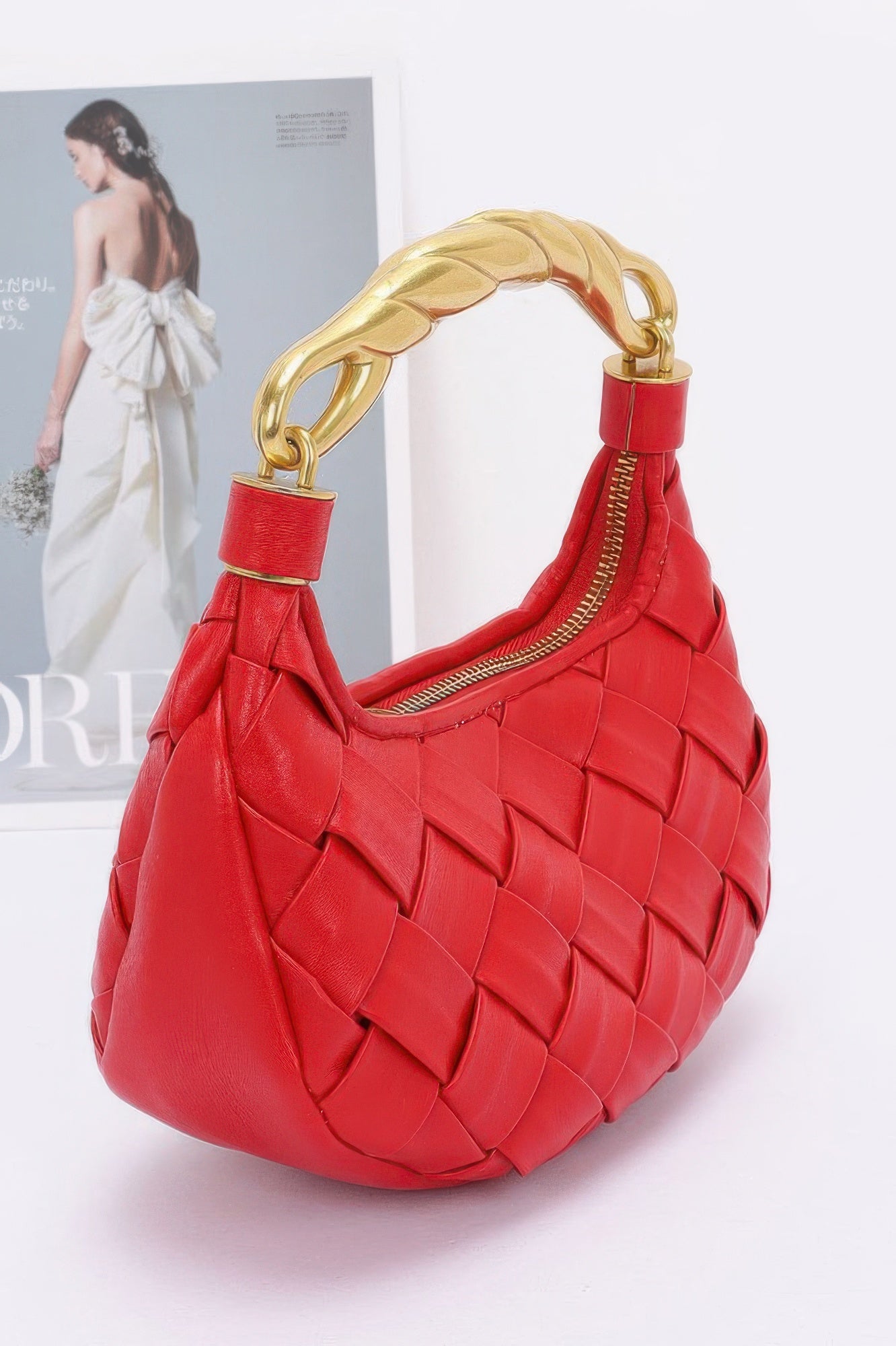 Red woven hobo faux leather braided handle bag with gold twisted handle and top zipper by CCWHOLESALECLOTHING