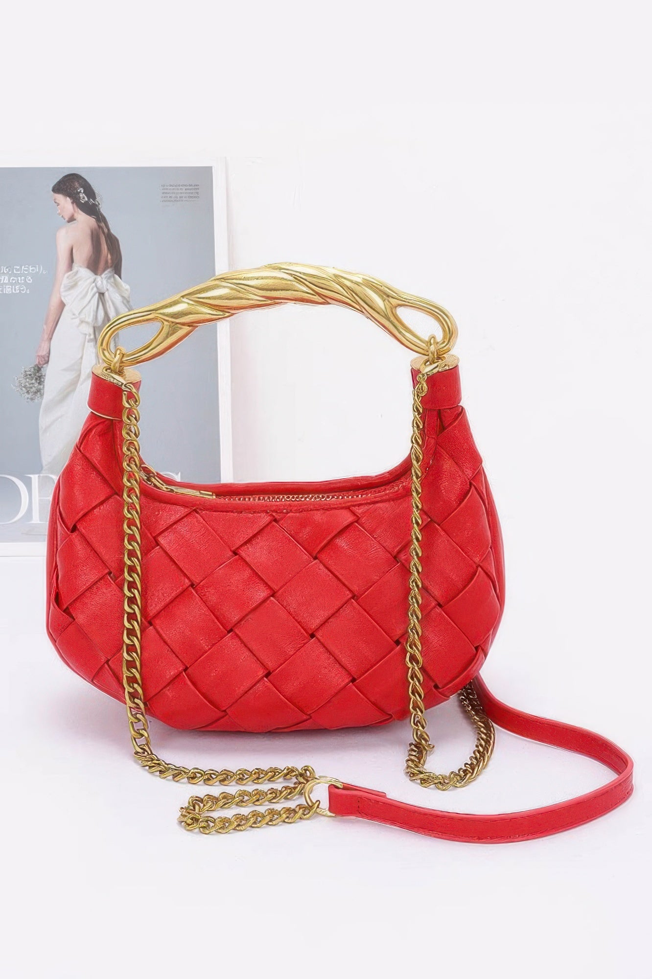 Red woven crescent handbag with gold twisted handle and chain shoulder strap faux leather braided handle bag