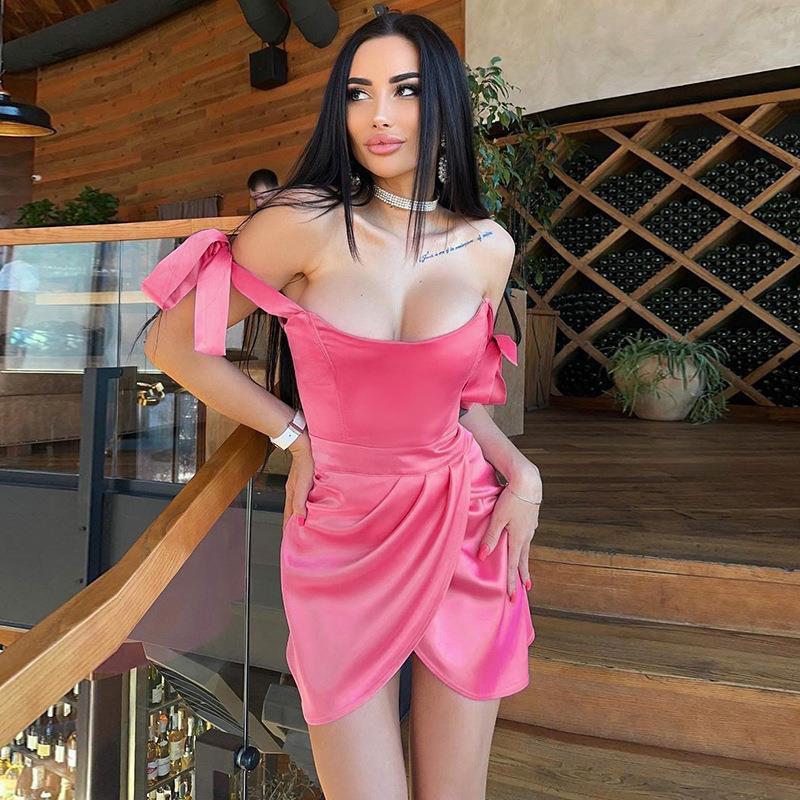 Halter Mini Dress Trendsi pink satin off shoulder tie sleeve with tulip wrap skirt worn by model
