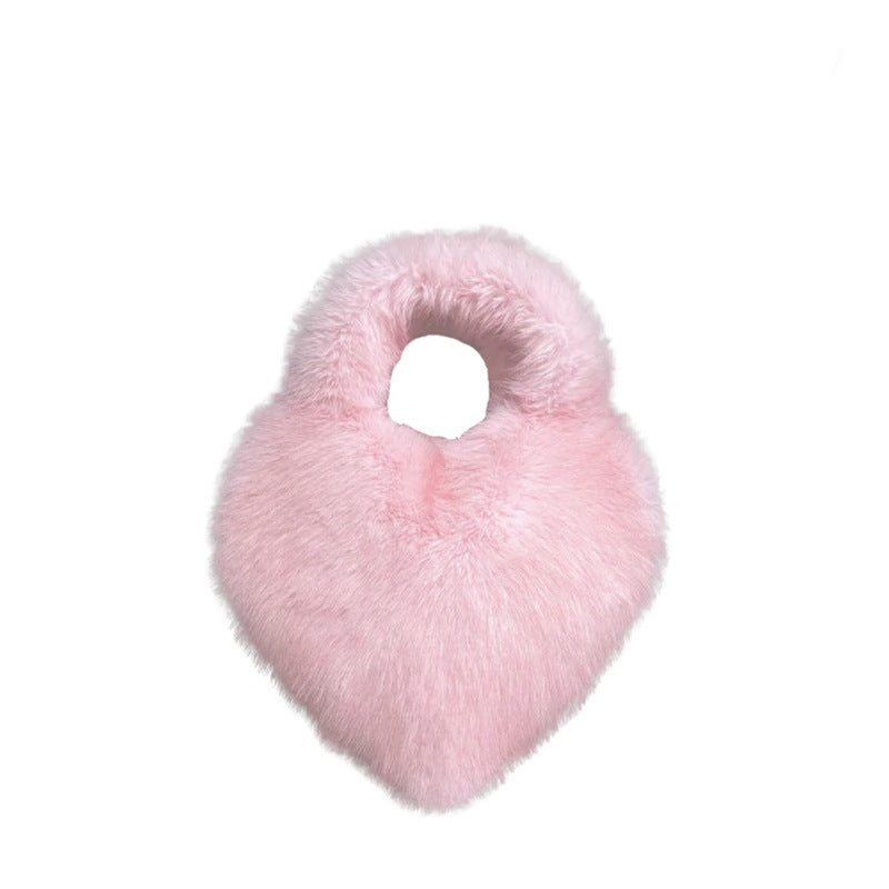 Trendsi pink faux fur Heart Messenger Bag heart shaped plush bag with padded top handle