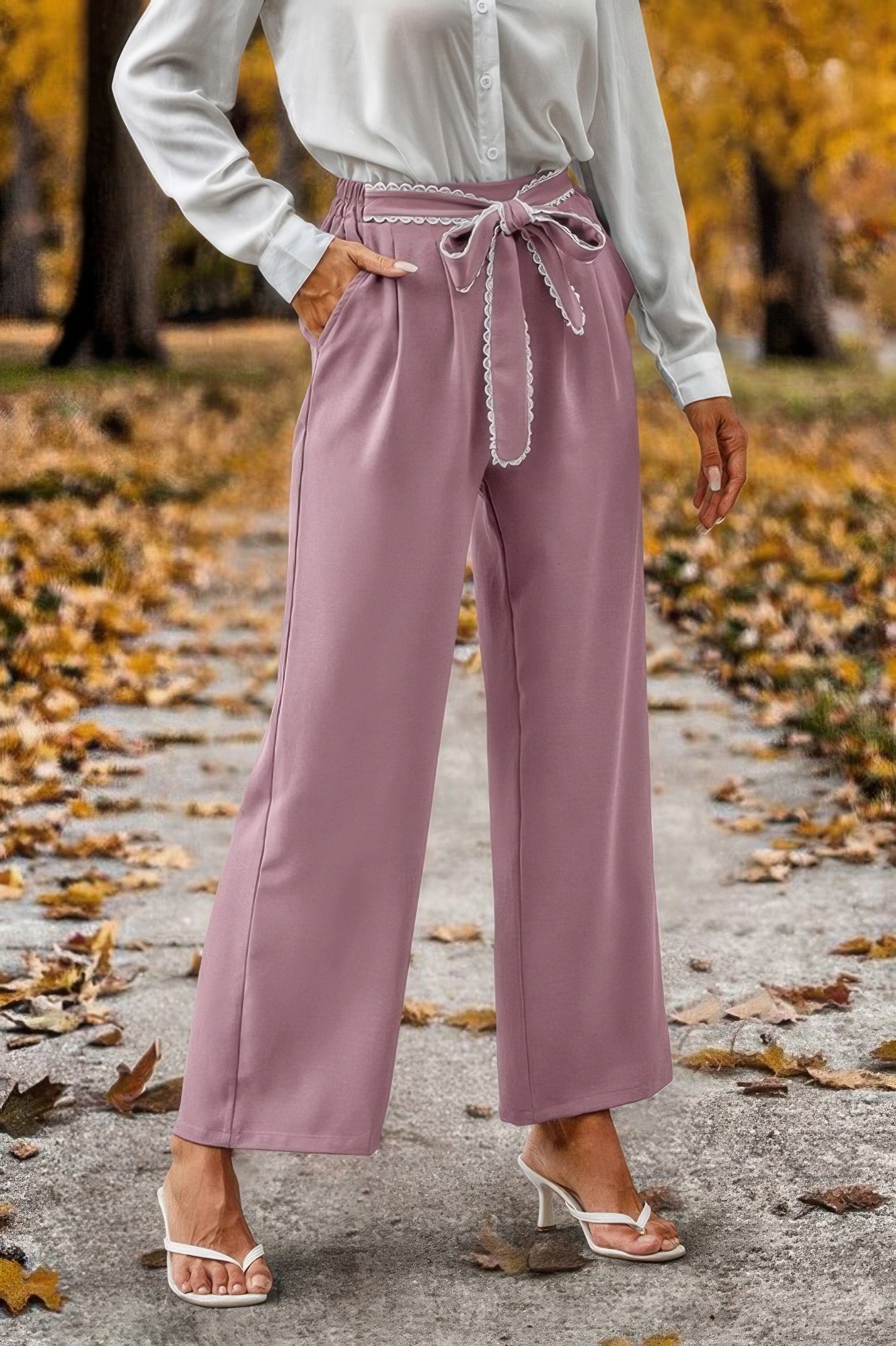 high waist straight leg pants for women dusty rose with tie belt scalloped trim and pockets styled with white blouse