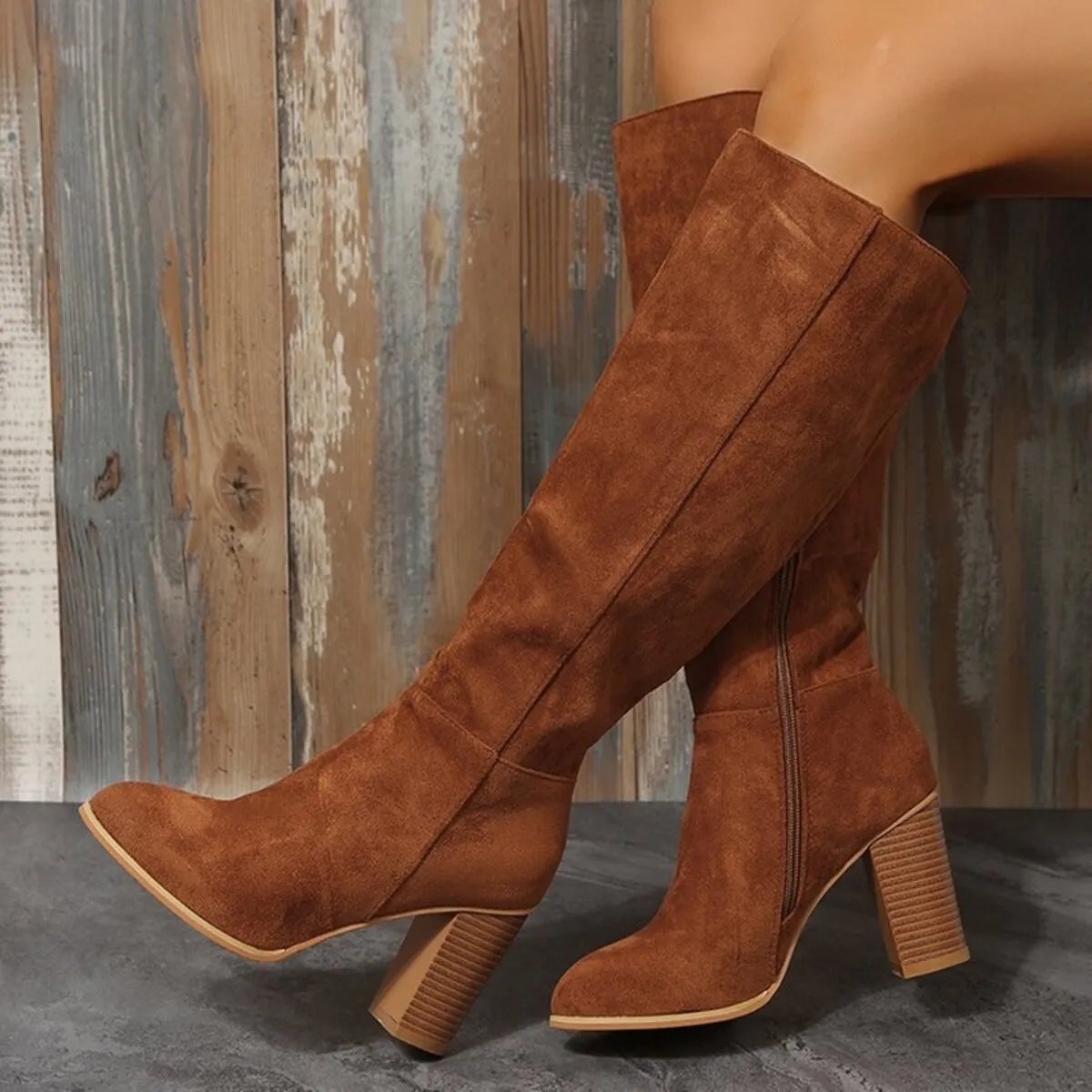 Trendsi brown suede Knee-High Block Heel Boots with side zipper stacked wooden heel and almond toe